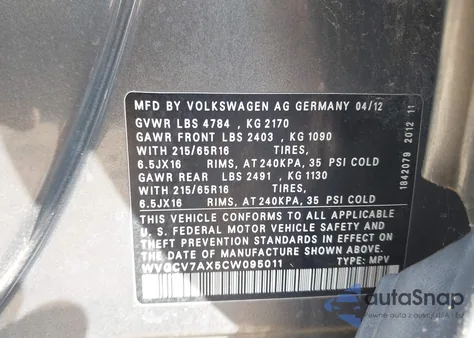 2012 Volkswagen Tiguan S из США, поврежденный, VIN WVGCV7AX5CW095011